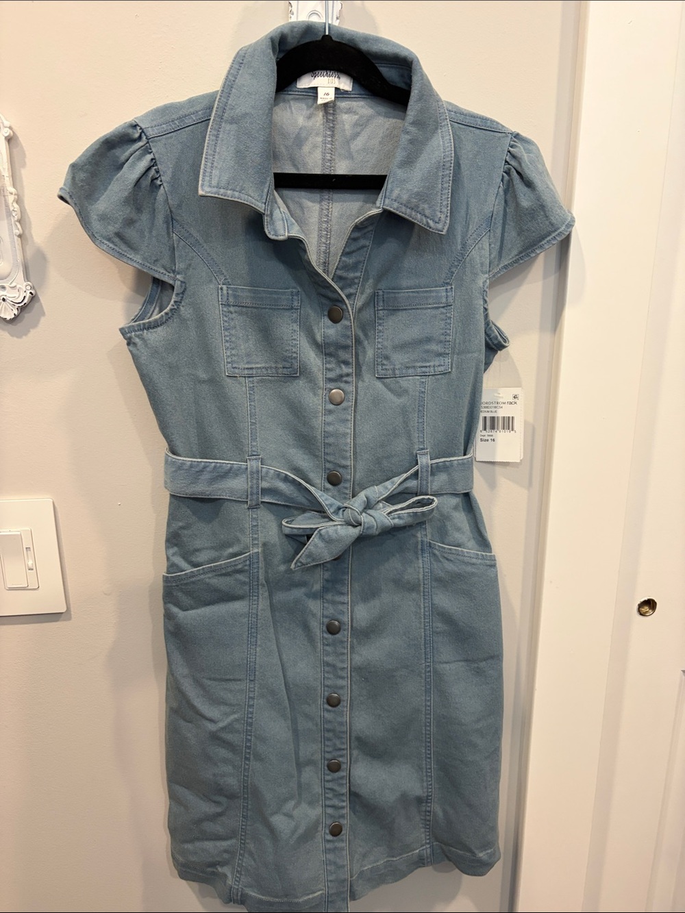 Speechless Light Blue Chambray Button-Front Dress with Tie Waist